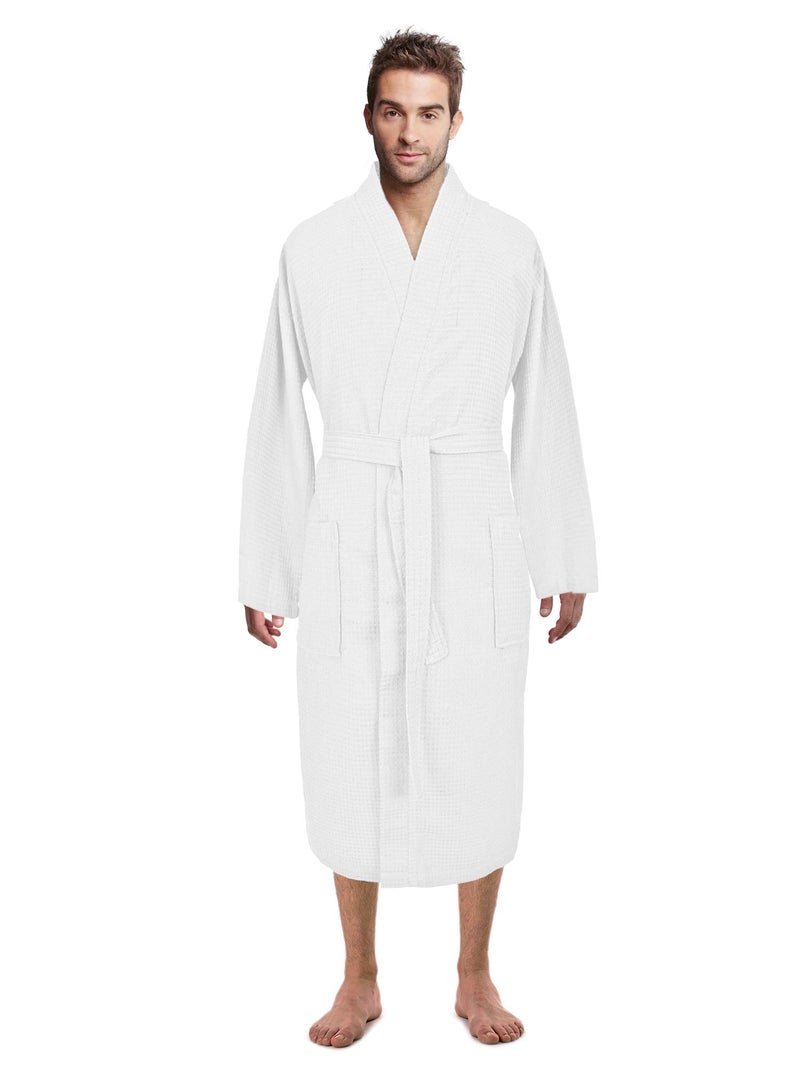 Turkish Linen Waffle Knit Lightweight Kimono Spa & Bath Robes for Men - Quick Dry - Soft (XX-Large, White)